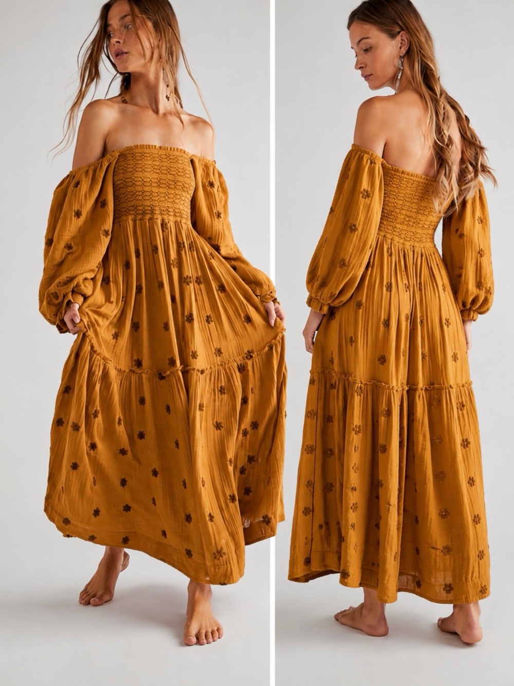 Off-Shoulder Smocked Maxi Dress in Mustard free people Delilah Sz small smocked